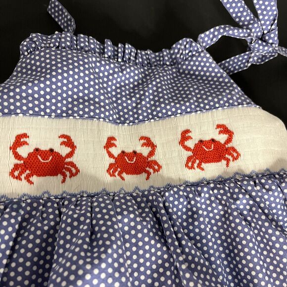 Southern Sunshine Smocked CRABS, Polkadots Blue & White Sundress Sz 3 - Picture 9 of 9